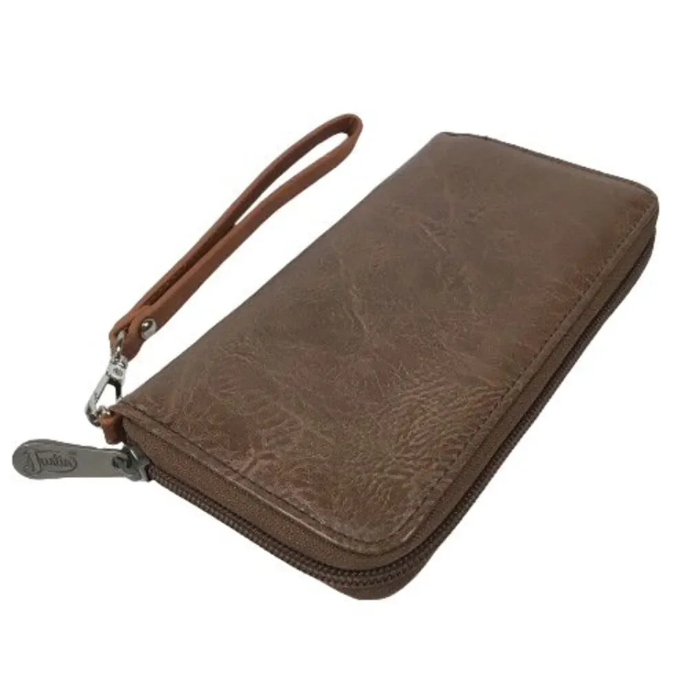 Justin Women Wallet Western Wristlet Clutch Brown Teal Embroidery Zip Around New